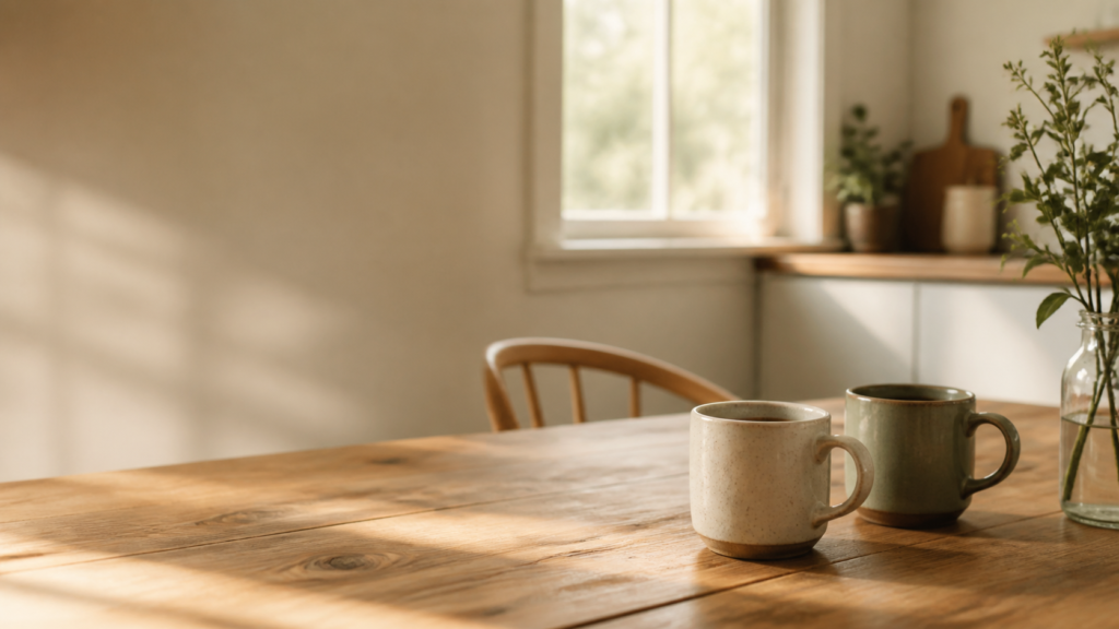 Two coffee mugs on a kitchen table in morning light
