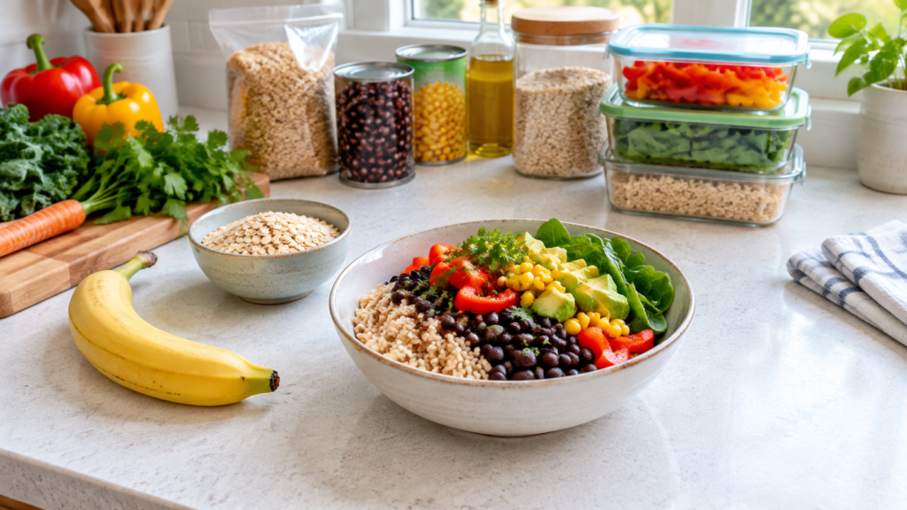 Healthy eating on a budget with rice, beans, vegetables, and simple groceries.