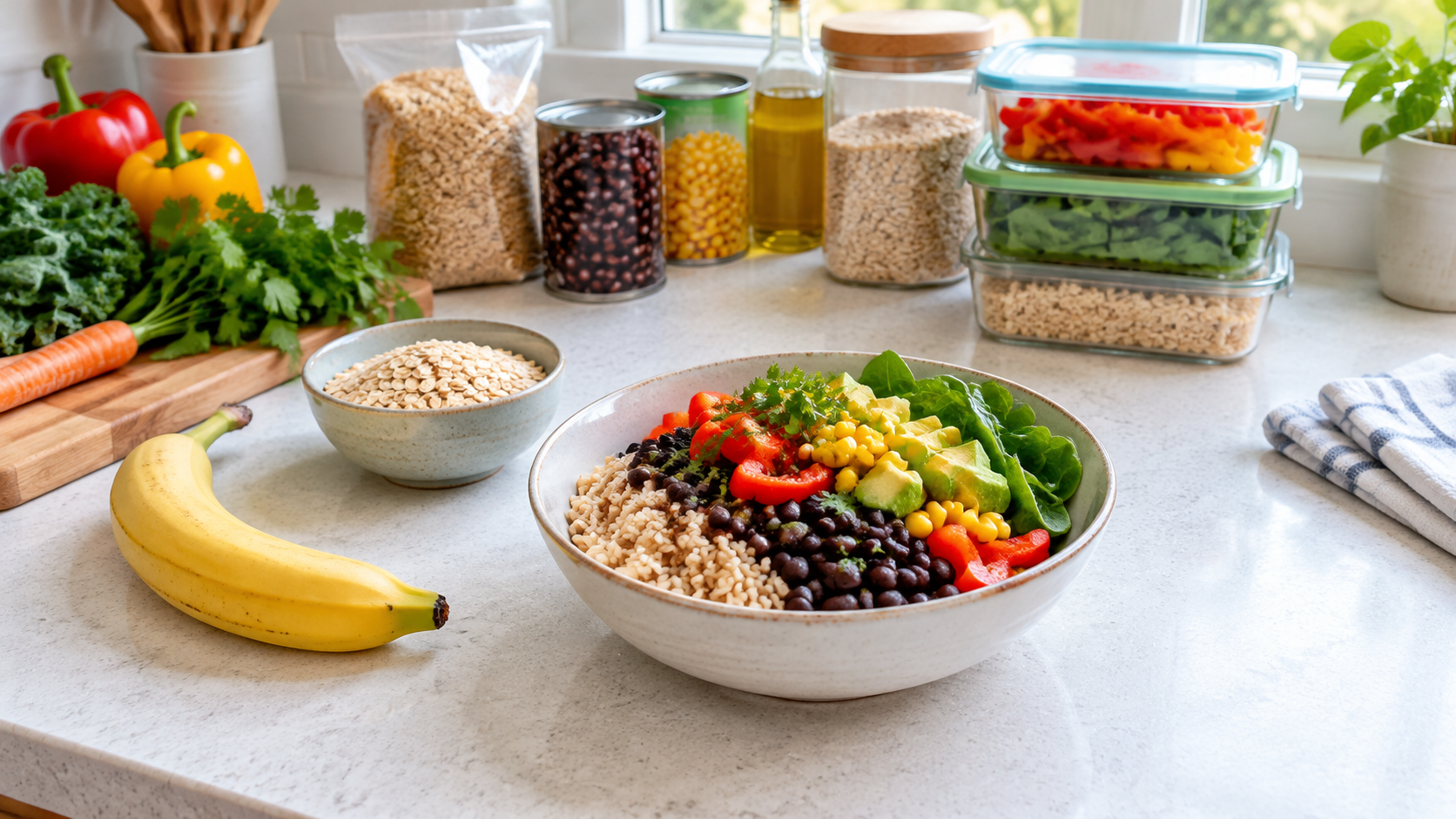Healthy eating on a budget with rice, beans, vegetables, and simple groceries.